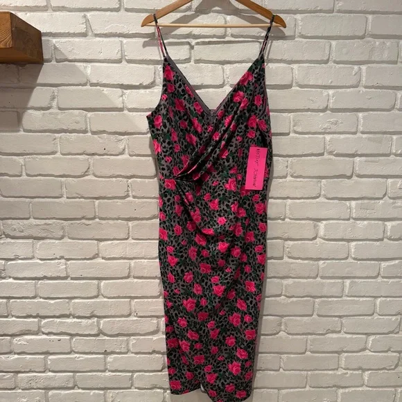 Floral Slip Dress Pink Rose Print Midi Bodycon Spaghetti Strap Y2K 90s Chic Date - Picture 3 of 12